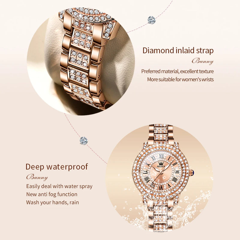 OLEVS 9943 Women Watch Roman Diamond Dial Full Pink Elegant Ladies' Watch Stainless steel Waterproof Quartz Women's Wristwatches