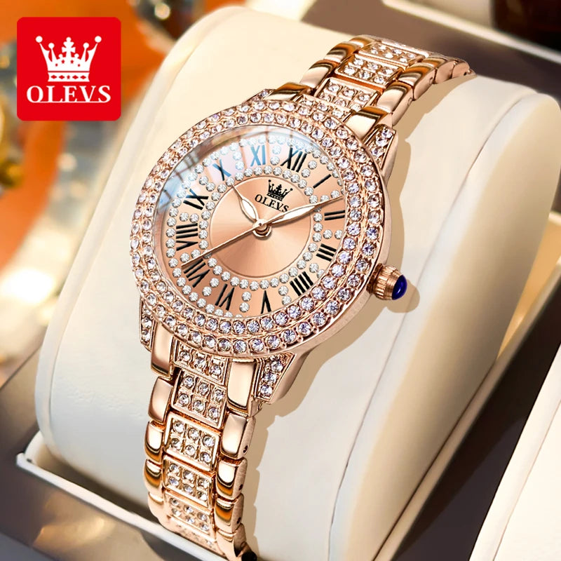 OLEVS 9943 Women Watch Roman Diamond Dial Full Pink Elegant Ladies' Watch Stainless steel Waterproof Quartz Women's Wristwatches