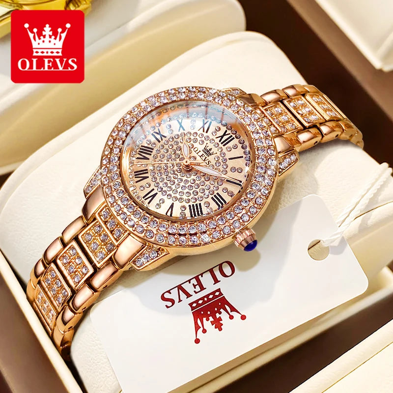 OLEVS 9943 Women Watch Roman Diamond Dial Full Pink Elegant Ladies' Watch Stainless steel Waterproof Quartz Women's Wristwatches