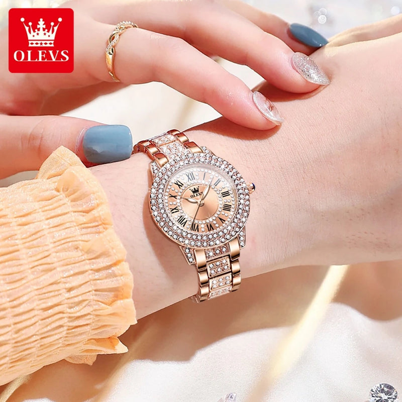 OLEVS 9943 Women Watch Roman Diamond Dial Full Pink Elegant Ladies' Watch Stainless steel Waterproof Quartz Women's Wristwatches