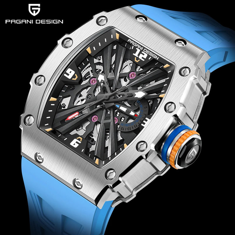 PAGANI DESIGN Relógios de quartzo masculinos VH65 Movt Skeleton Dial 100M à prova d'água Sport Retângulo Safira Vidro Relógio para homens