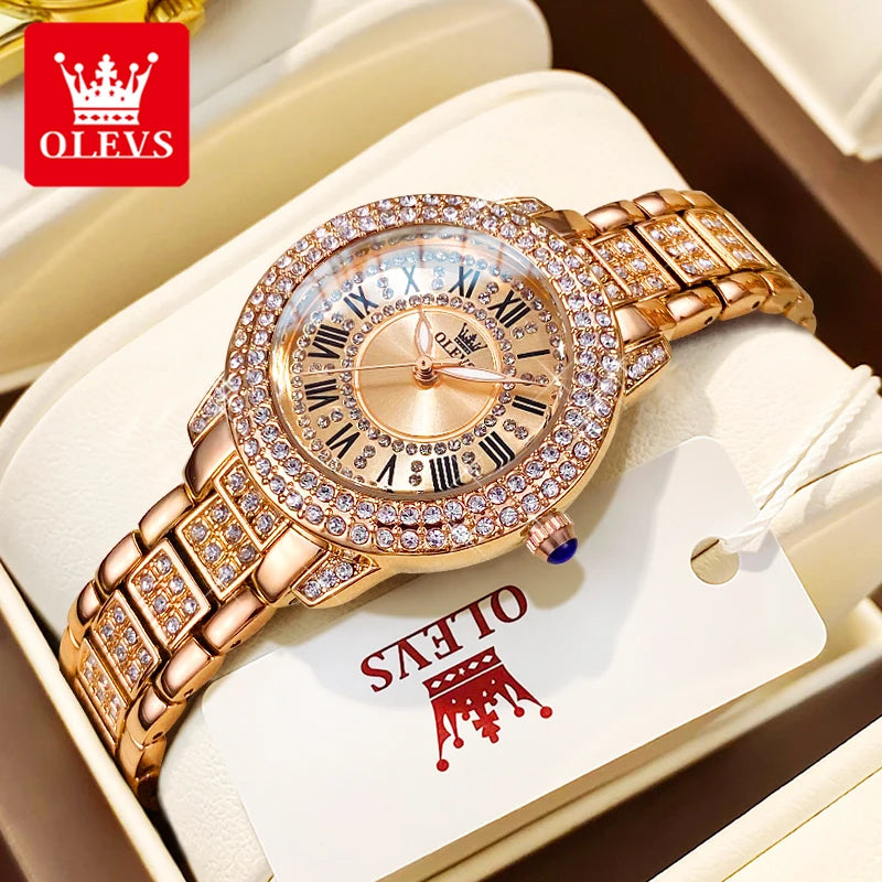 OLEVS 9943 Women Watch Roman Diamond Dial Full Pink Elegant Ladies' Watch Stainless steel Waterproof Quartz Women's Wristwatches