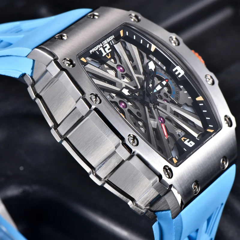 PAGANI DESIGN Relógios de quartzo masculinos VH65 Movt Skeleton Dial 100M à prova d'água Sport Retângulo Safira Vidro Relógio para homens